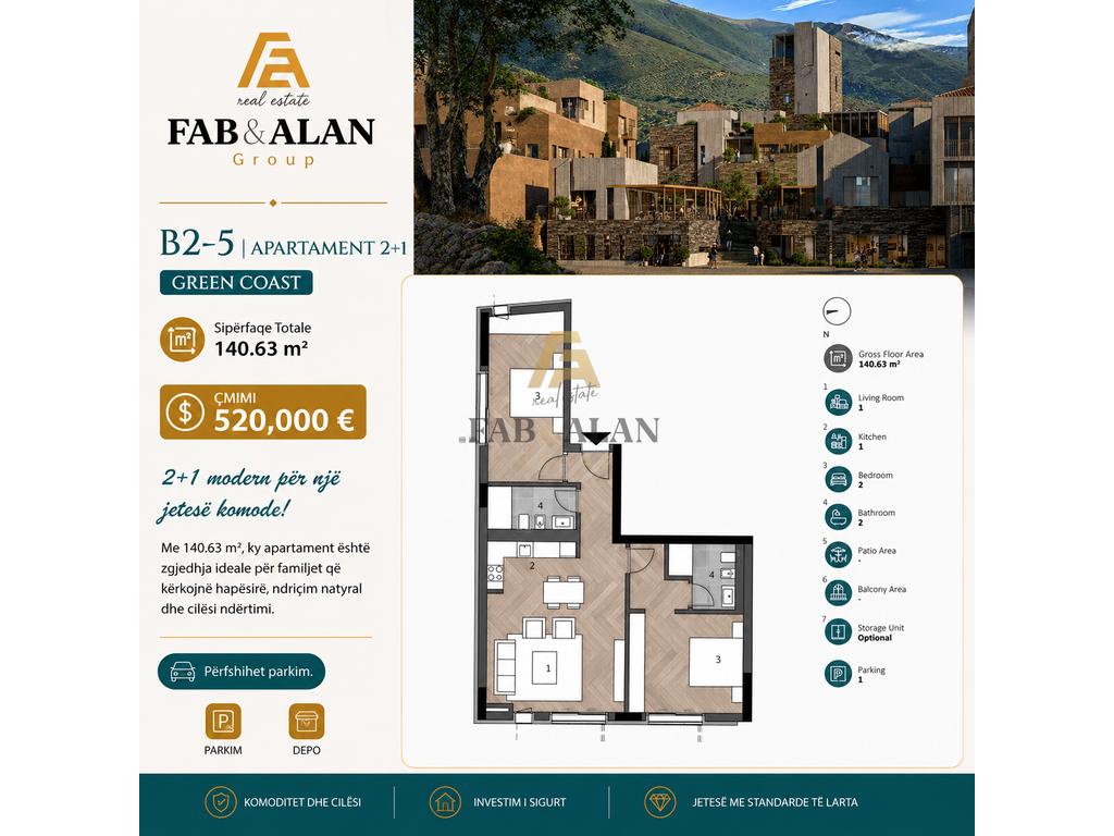 Apartament 2+1+2 në shitje Green Coast 2, Vlorë - 520,000€ | 140 m² 1