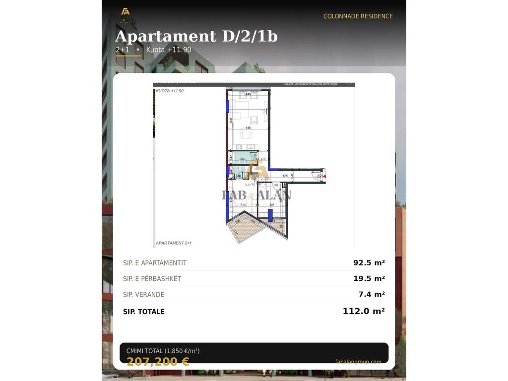 Apartament 2+2 Në Shitje ke Colonnade Residence, Rrugen Dritan Hoxha, Tiranë - 207200€ | 112 m² 2