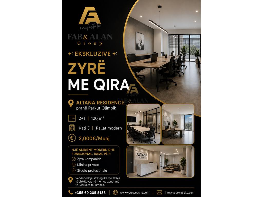 Zyrë 2+1 Me Qira në Altana Residence – pranë Parkut Olimpik, Tiranë - 2000€ | 120 m²