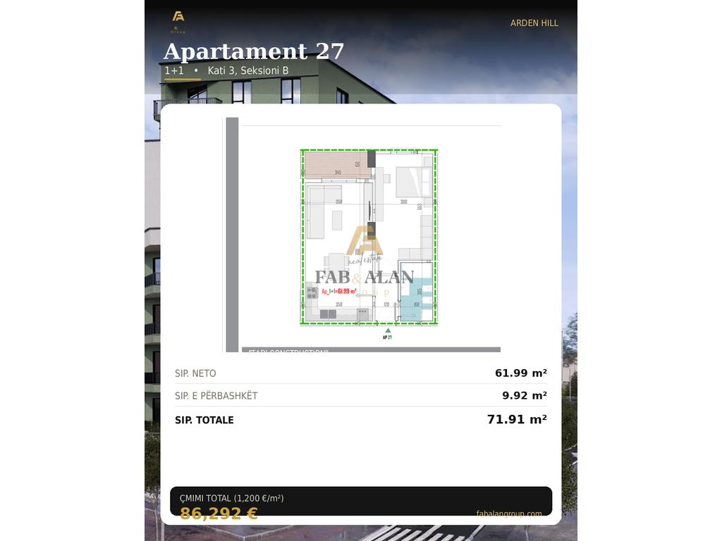 Apartament 1+1 në shitje ke Arden Hill në Paskuqan, Tiranë - 86,292€ | 71 m² 2