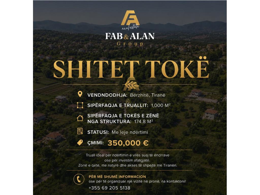 🏡 Shitet Tokë në Bërzhitë, Tiranë - 350,000 €