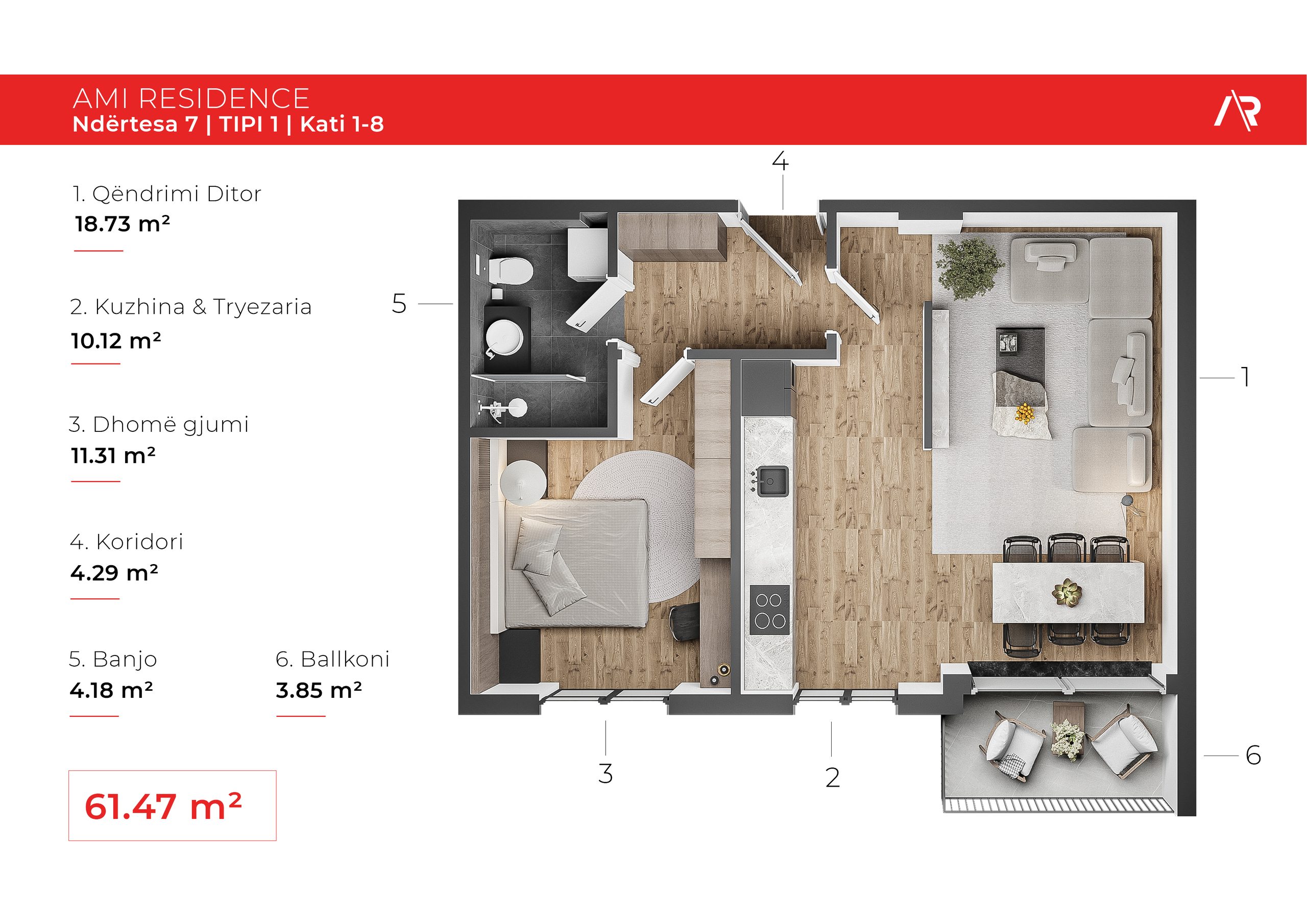 Banesë 2-dhomëshe në shitje – 61.47 m² | AMI Residence 2 4