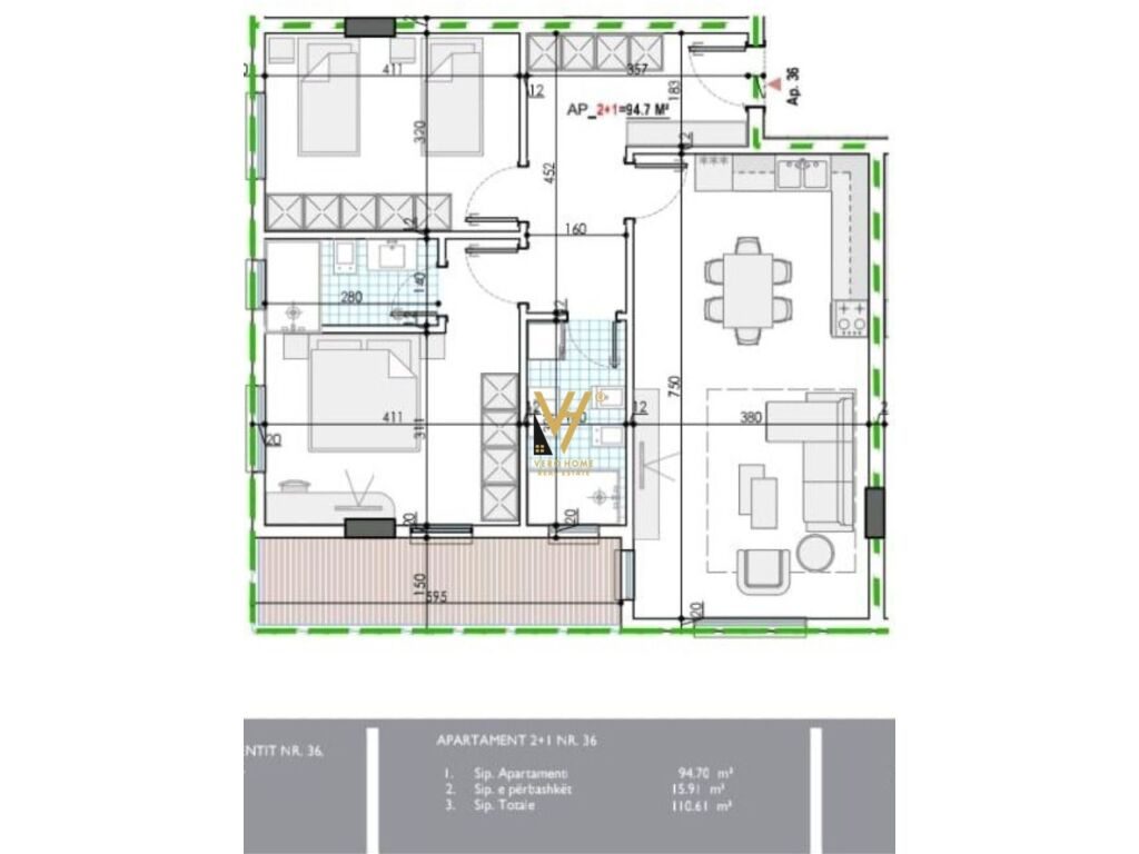 Shitet Apartament 2+1+ballkon ne Kamez 110 m2