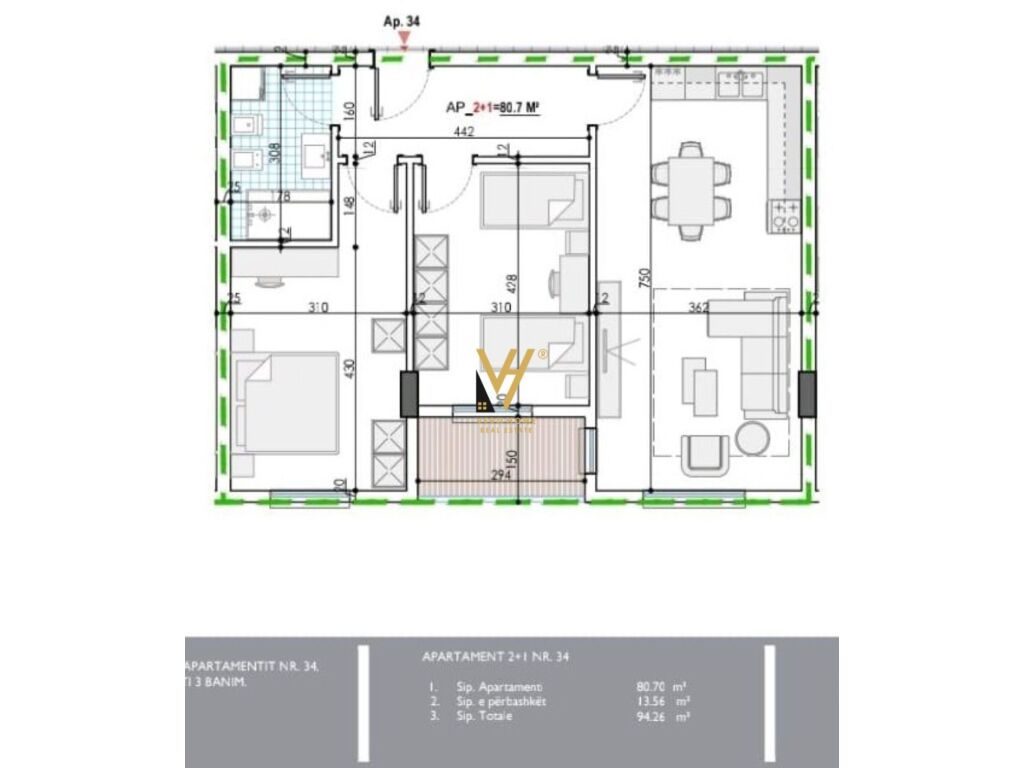 Shitet Apartament 2+1+ballkon ne Kamez 94 m2