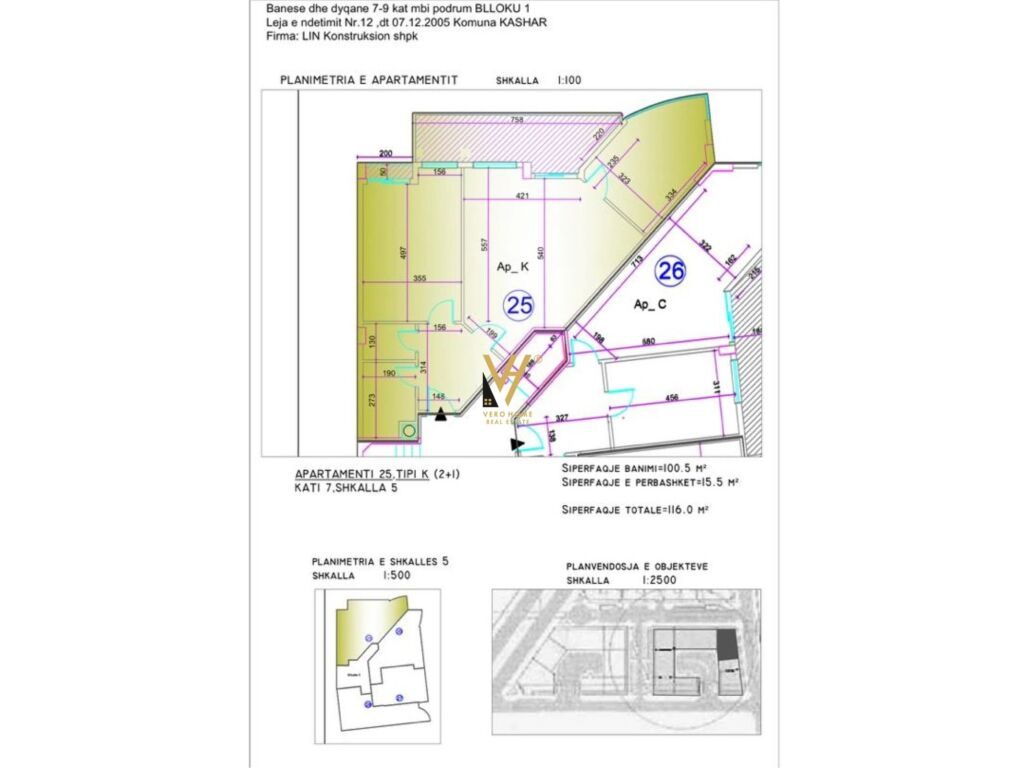 Shitet Apartament 2+1+ballkon ne Kashar 116 m2