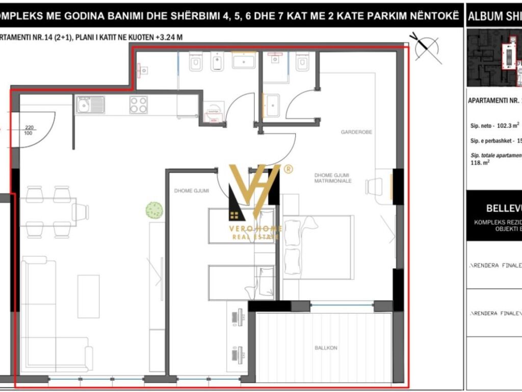 Shitet Apartament 2+1+2+ballkon te Rruga e Elbasanit 118 m2