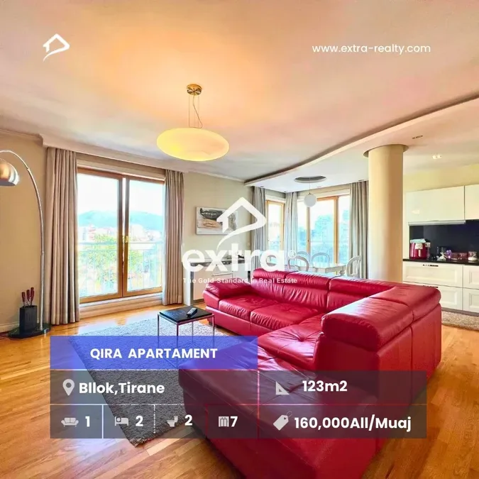 🔥Qira Apartament 2+1+2🔥 📍Zemër të Bllokut, Tiranë 📐 Sipërfaqe totale 123m2 🏢 Kati 7 me ashensor 🛋 1 sallon 🍴 1 kuzhinë 🛏 2 dhoma gj