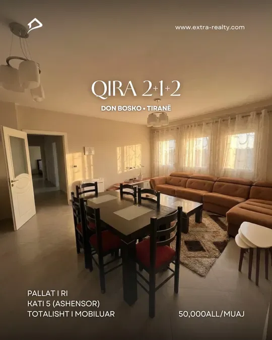 🔥Qira Apartament 2+1+2🔥 📍Don Bosko, Tiranë 📐 Sipërfaqe 100m2 🏢 Kati 5 me ashensor 🛋 1 sallon + kuzhinë 🛏 2 dhoma gjumi 🚽 2 tualete