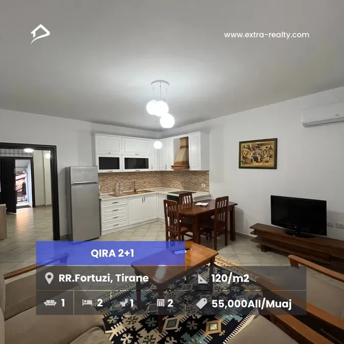 🔥QIRA 2+1🔥 📍Ruga Fortuzi,Tirane 📐Sipërfaqe: 120m2 🛋️ 1 Sallon + kuzhinë 🛏️ 2 Dhoma gjumi 🚽 1 Tualet * Mobiluar * Locacion shum te mire * 5min